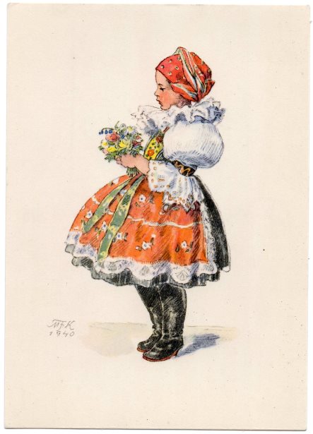 チェコ ヴィンテージポストカード Mfk 民族衣装 花束を抱えた横向きの少女 Robin S Patch
