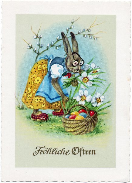 ドイツ ヴィンテージポストカード イースター 花摘みウサギ Robin S Patch